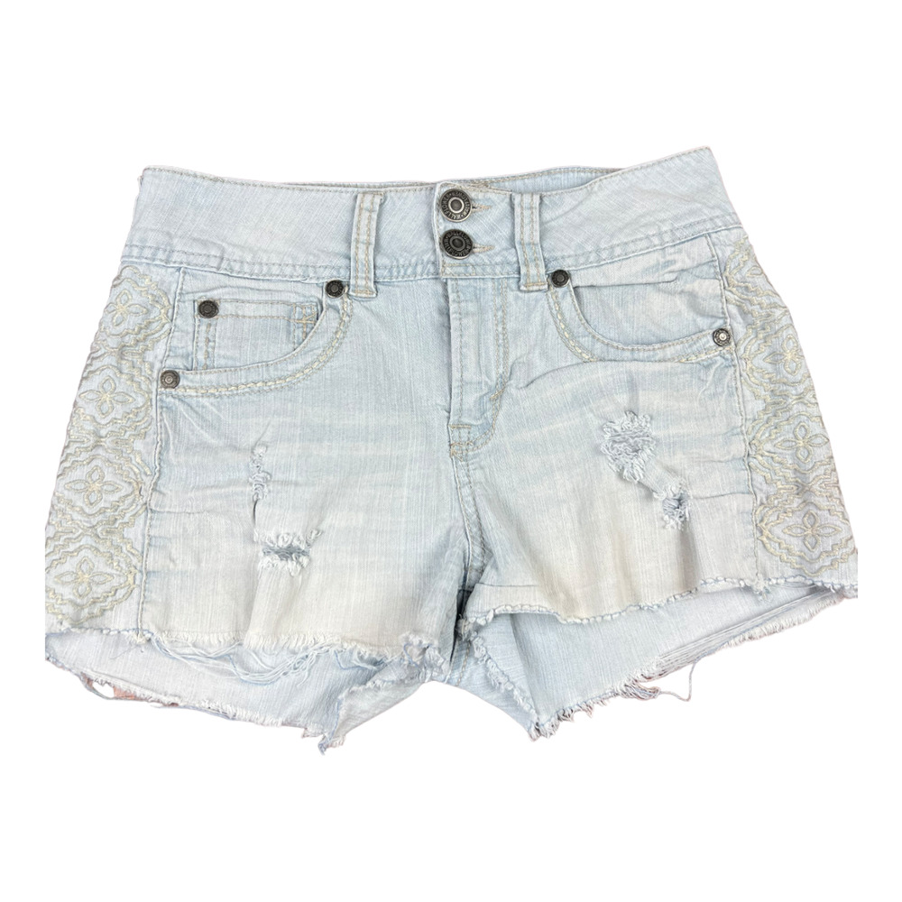 Wallflower Distressed Denim Shorts Women's Size 7 Light Wash Raw Hem Embroidered